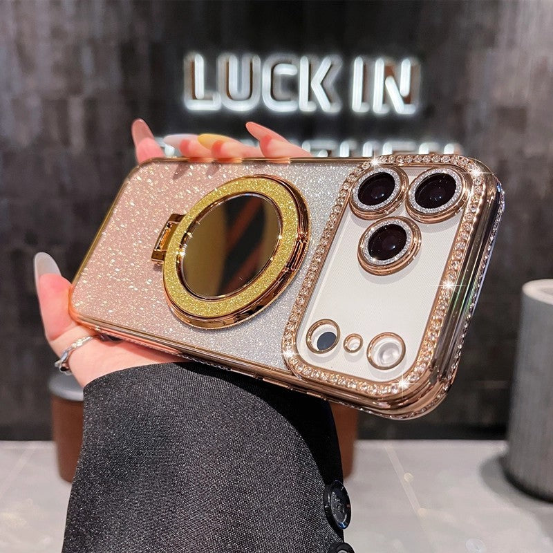 Rhinestone Glitter Phone Case With Makeup Mirror