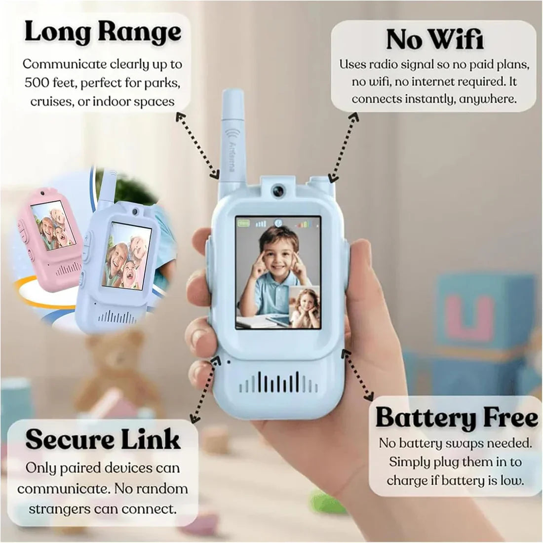 Pack of 2 Video Walkie Talkies for Kids | Rechargeable Video Call Toy Phone