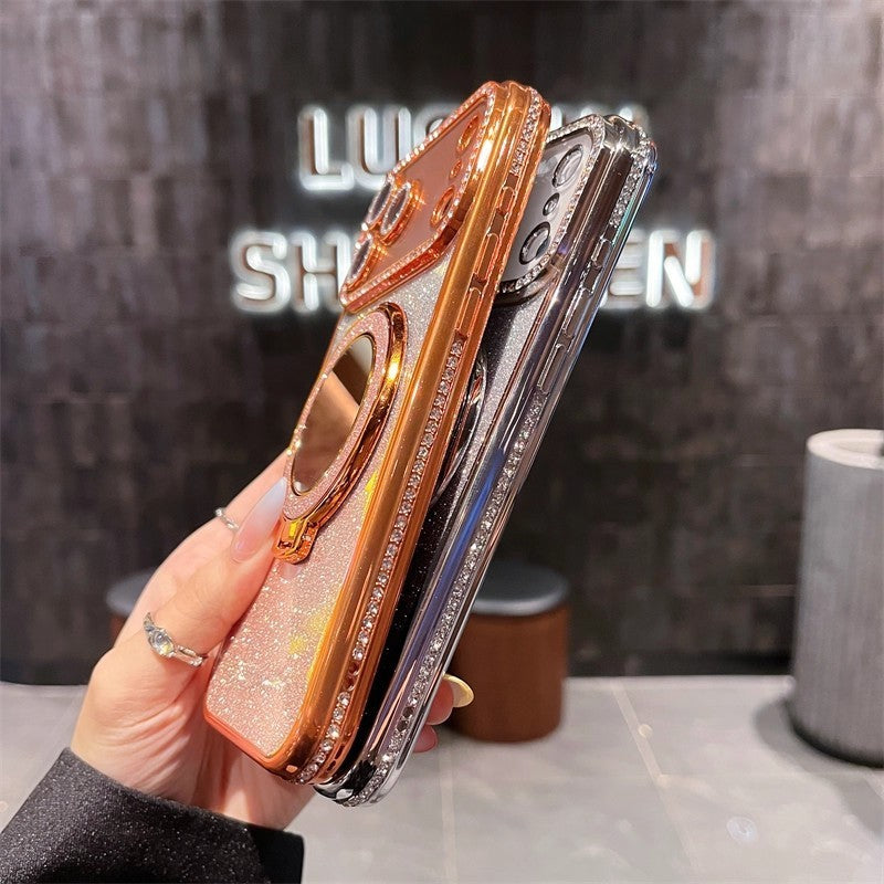 Rhinestone Glitter Phone Case With Makeup Mirror