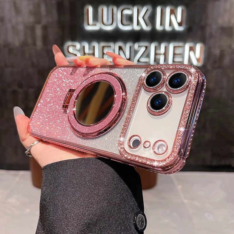 Rhinestone Glitter Phone Case With Makeup Mirror