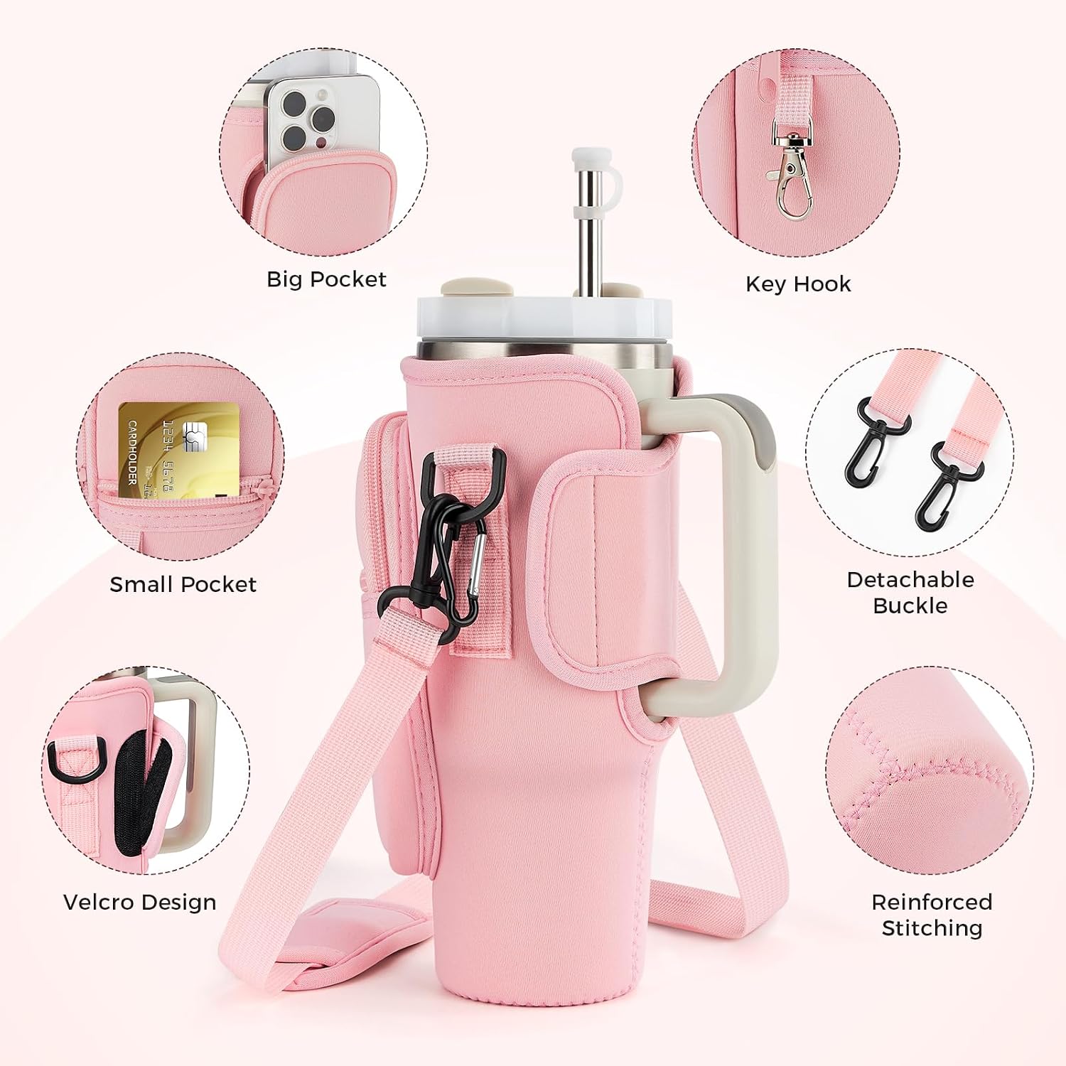 Water Bottle Carrier Bag with Phone Pocket for Stanley 40 & 30 oz Tumbler with Handle