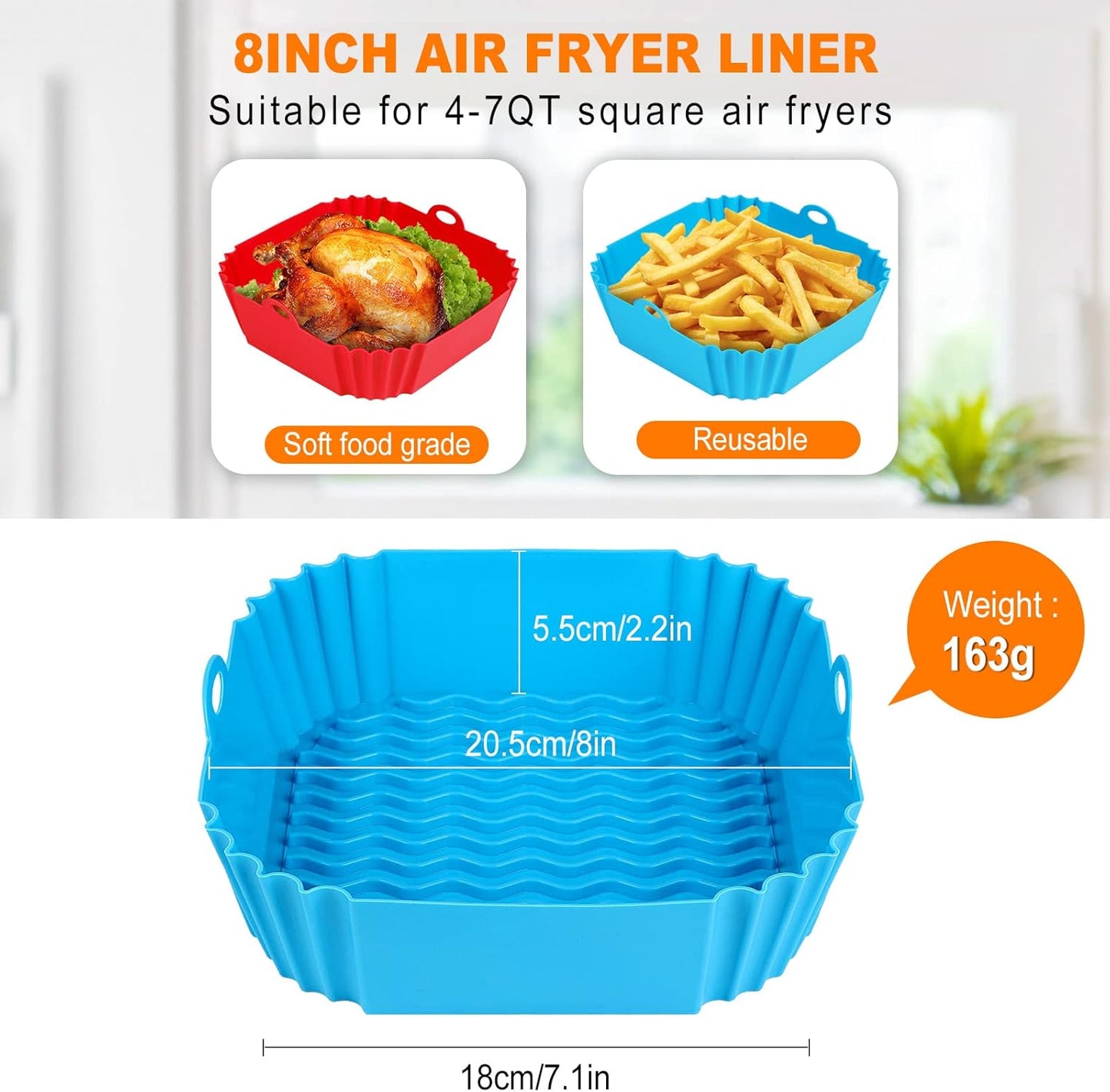 Silicone Air Fryer Liners Reusable Airfryer Liners, Silicone Air Fryer Basket Liners Square, Food Grade AirFryer Accessories