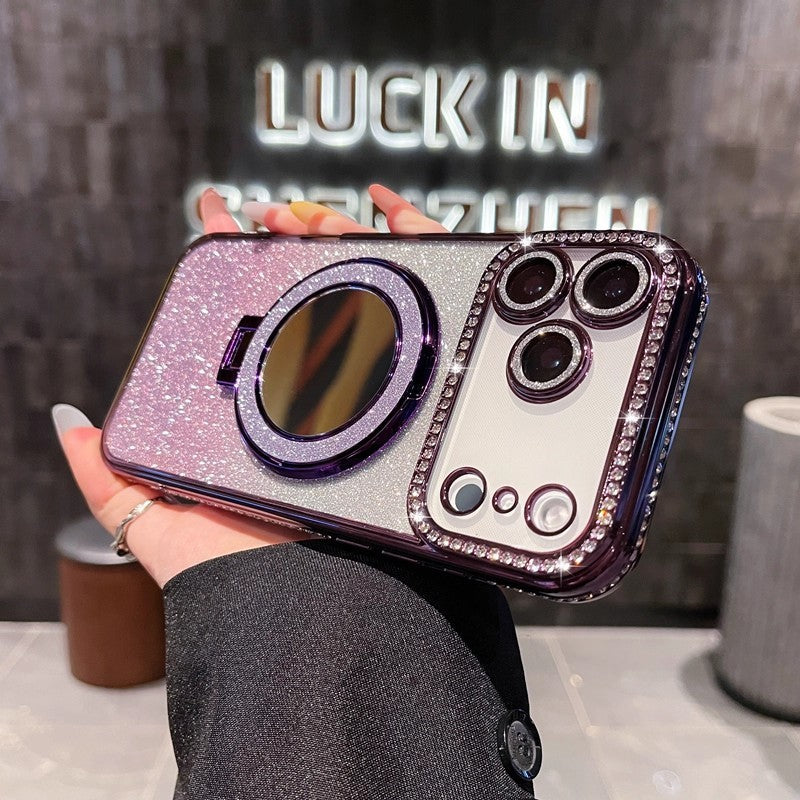 Rhinestone Glitter Phone Case With Makeup Mirror