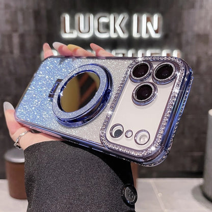 Rhinestone Glitter Phone Case With Makeup Mirror