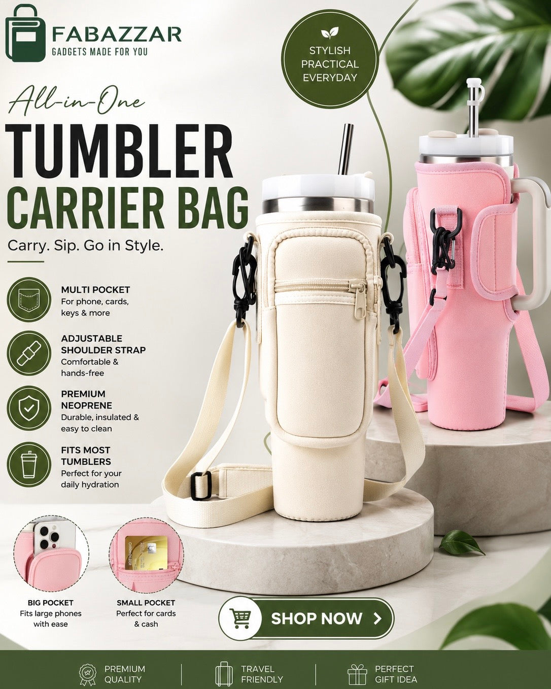 Water Bottle Carrier Bag with Phone Pocket for Stanley 40 & 30 oz Tumbler with Handle