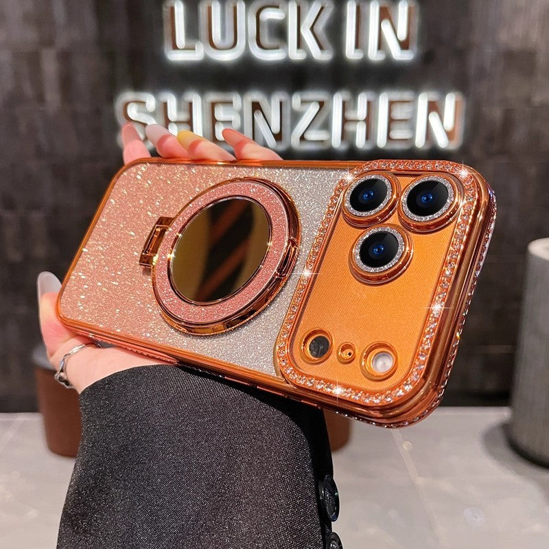 Rhinestone Glitter Phone Case With Makeup Mirror