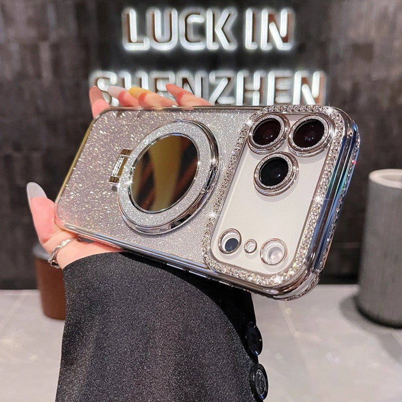 Rhinestone Glitter Phone Case With Makeup Mirror